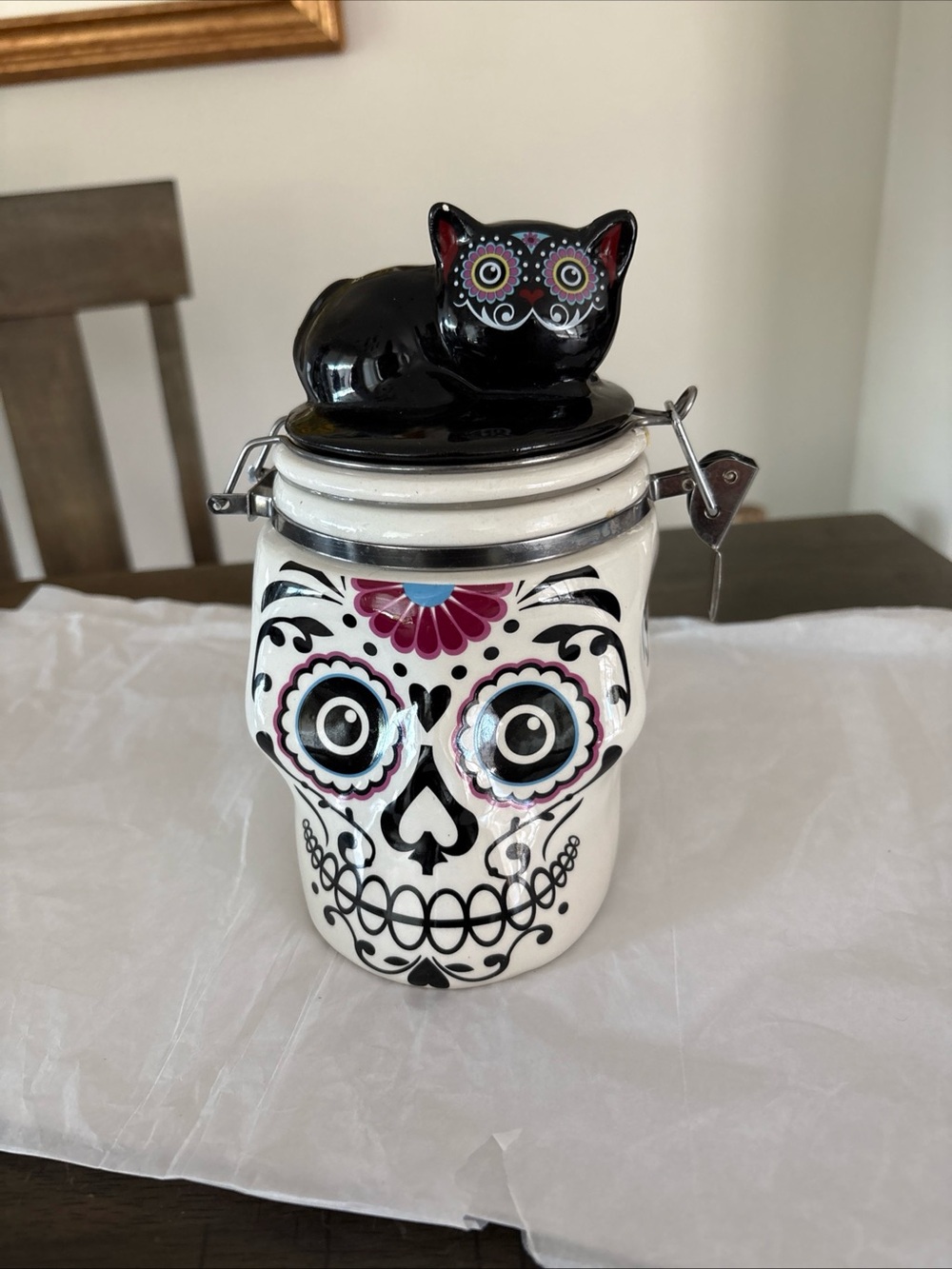 Decorative Sugar Skull Ceramic Canister with Black Cat Lid